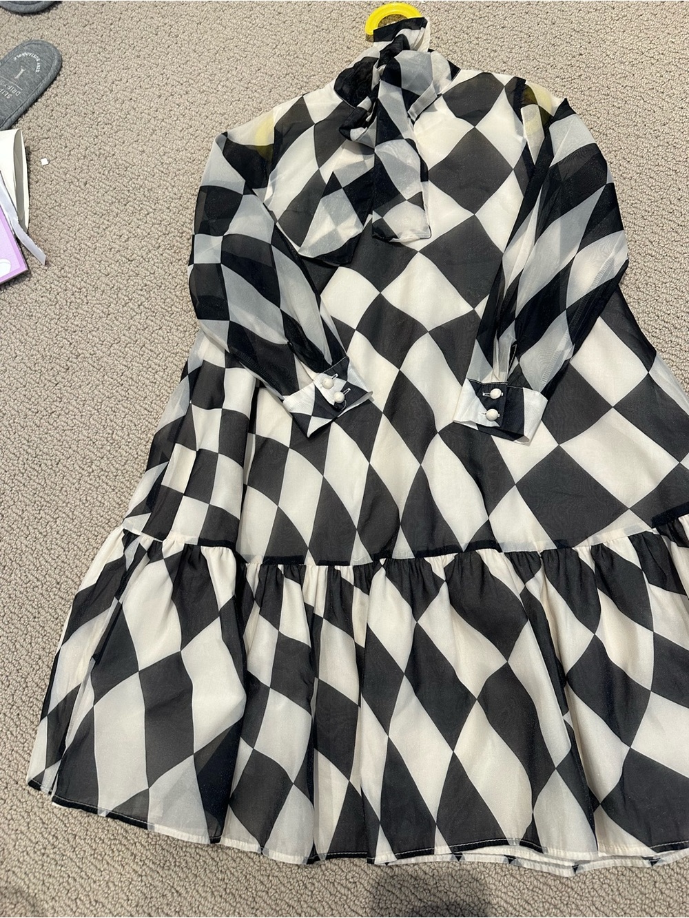 Omami Mini Black & White Diamond Print Girls' Ruffle Hem Dress
